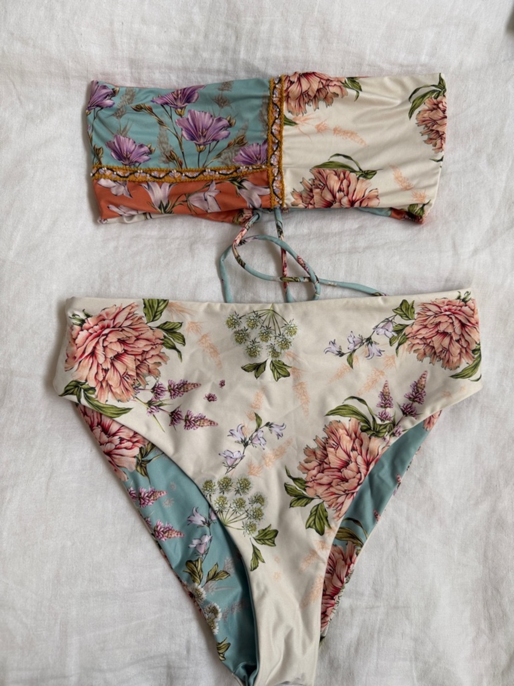 Agua Bendita Floral Bandeau Bikini in Cream, Teal & Peach